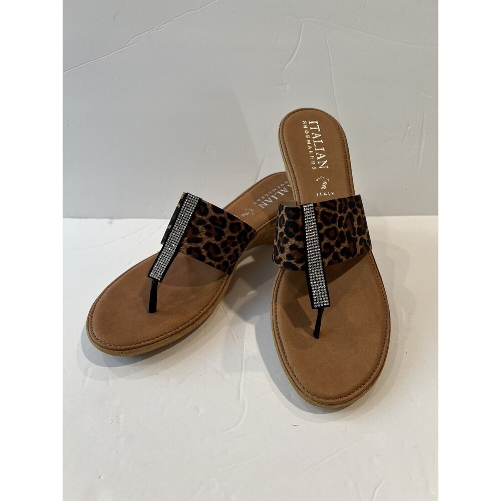 Italian Shoemakers Wedge Thing Sandals 12M Mina Leopard Rhinestones New in Box